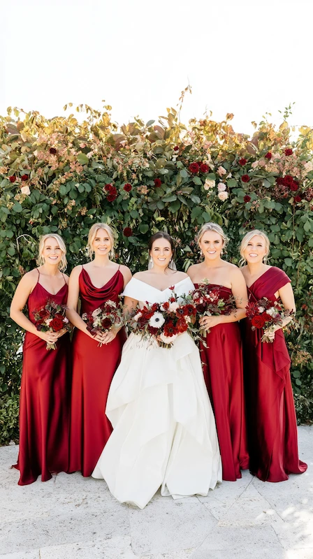 Bride in white gown with four bridesmaids in red satin dresses holding bouquets, posing in front of lush greenery backdrop
