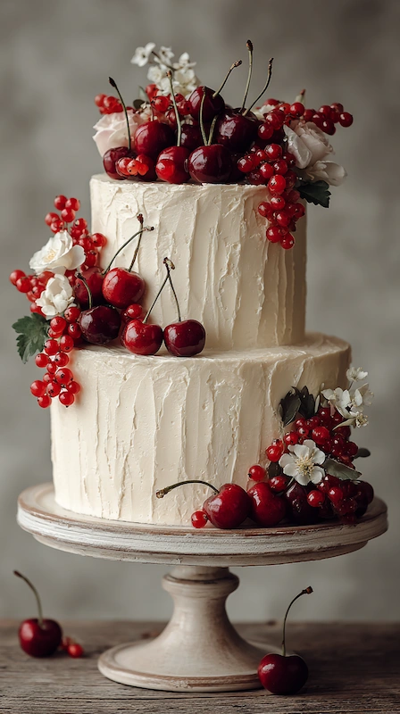 Textured buttercream wedding cake with cherries and red berries, rustic elegant dessert display with floral accents