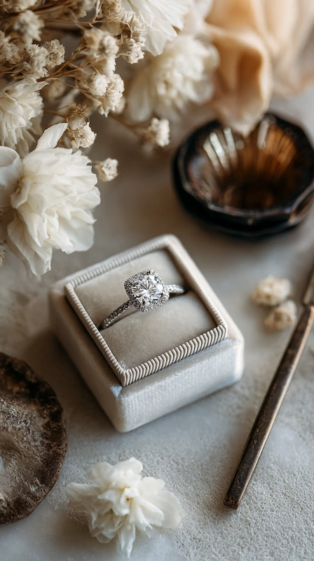 Elegant diamond engagement ring in a velvet box surrounded by soft ivory florals and neutral details in a romantic flat lay