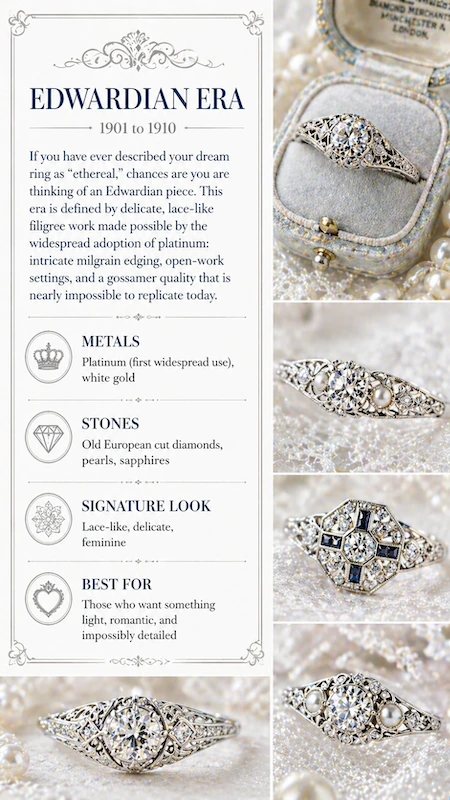 Antique and Vintage Engagement Rings: The Complete Buyer's Guide 6 Edwardian era engagement ring infographic with platinum filigree, lace-like details, old European diamonds and pearls
