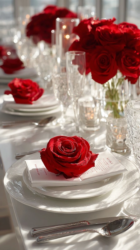 Elegant wedding tablescape with red rose place setting, white plates, crystal glassware, and soft candlelight details