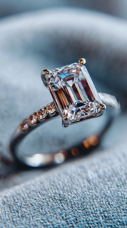 Emerald cut diamond engagement ring with pavé band in close up on soft fabric with light reflecting through facets