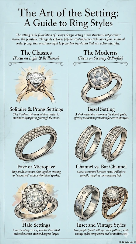 Infographic of engagement ring setting styles including solitaire bezel pave halo and channel designs with detailed illustrations