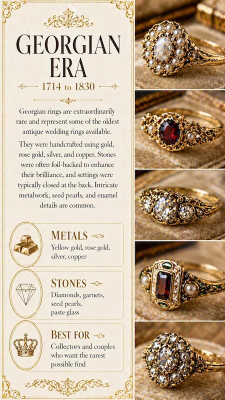 Antique and Vintage Engagement Rings: The Complete Buyer's Guide 4 Georgian era antique ring infographic with gold metals, foil-backed stones, seed pearls, garnets and ornate vintage designs