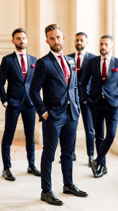 Groom and groomsmen in navy suits with red ties and pocket squares posing in elegant hallway with classic architecture