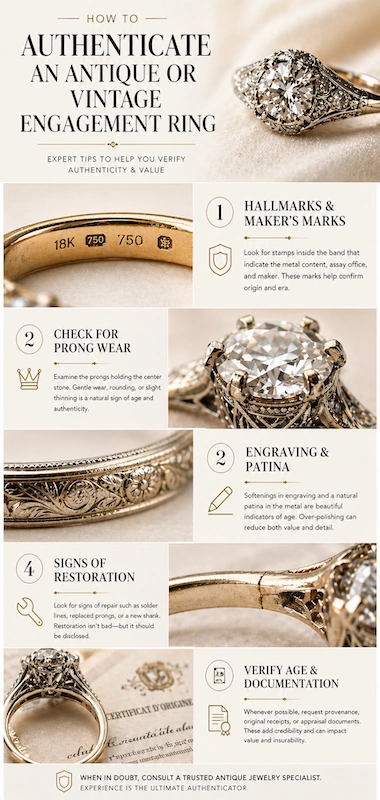 Antique and Vintage Engagement Rings: The Complete Buyer's Guide 12 Infographic on authenticating antique engagement rings with hallmarks, prong wear, engraving, restoration signs and documents