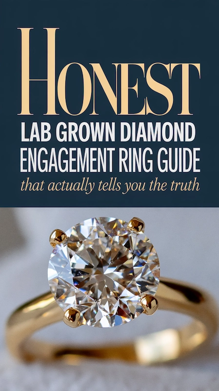 Round lab grown diamond engagement ring on yellow gold band with teal guide cover text about honest diamond buying advice