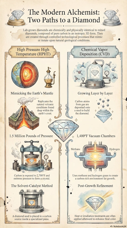 Infographic showing lab grown diamond process HPHT and CVD methods with diagrams of pressure heat and gas deposition steps