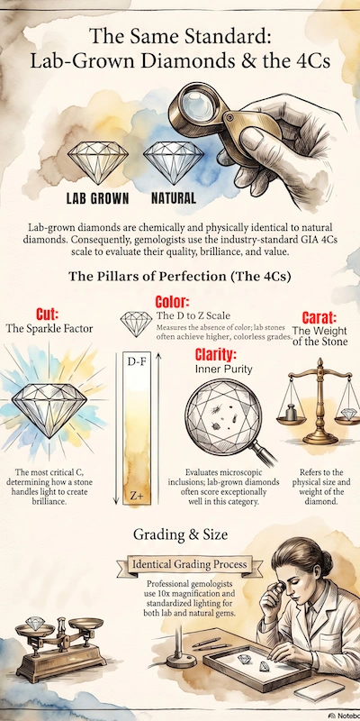 Infographic comparing lab grown and natural diamonds explaining the 4Cs cut color clarity and carat with grading visuals