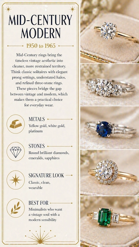 Antique and Vintage Engagement Rings: The Complete Buyer's Guide 10 Mid-century modern engagement ring infographic with solitaire diamonds, clean settings, gold and platinum bands, sapphires