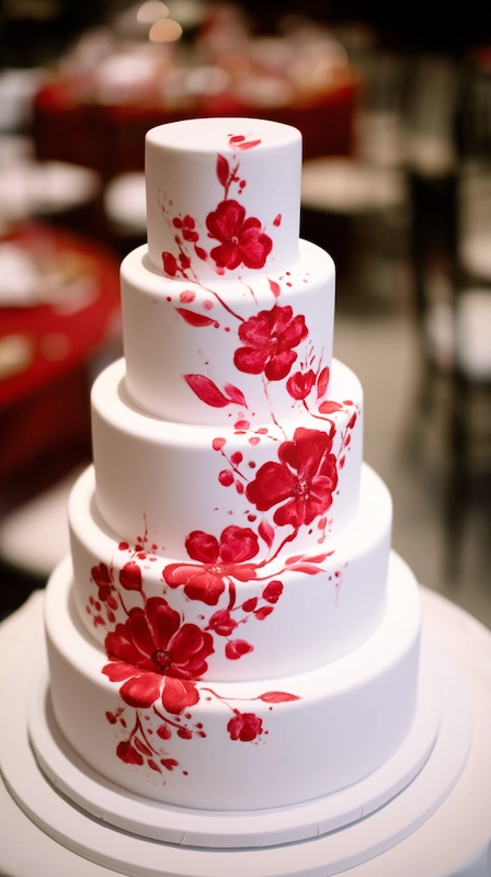 Four-tier white wedding cake with red hand-painted floral design, displayed on a cake table in an elegant ballroom setting