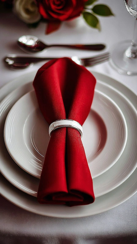 Red satin napkin with silver napkin ring on white plates, elegant wedding table setting with polished silverware detail