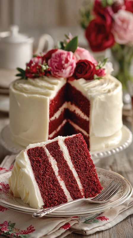 Red velvet wedding cake with white frosting and floral top, sliced to reveal rich red layers, elegant dessert display