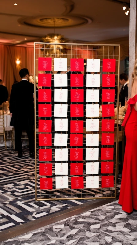 Red and white escort card display on gold grid stand at wedding reception entrance with elegant ballroom setting behind