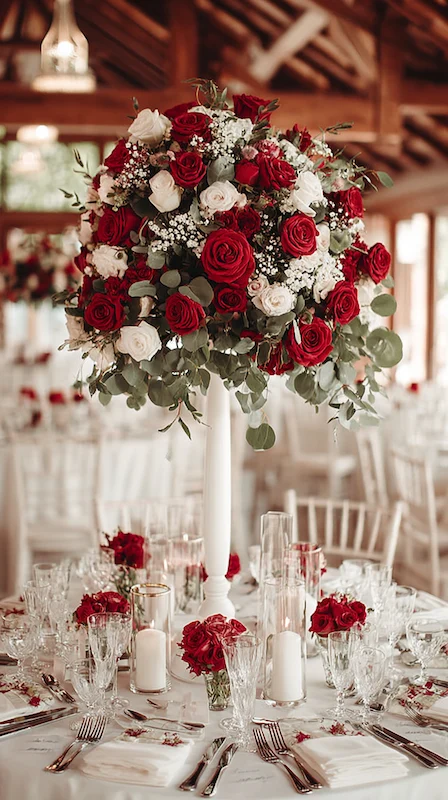 Tall wedding centerpiece with red and white roses, eucalyptus, and candles on elegantly set reception table in wood venue