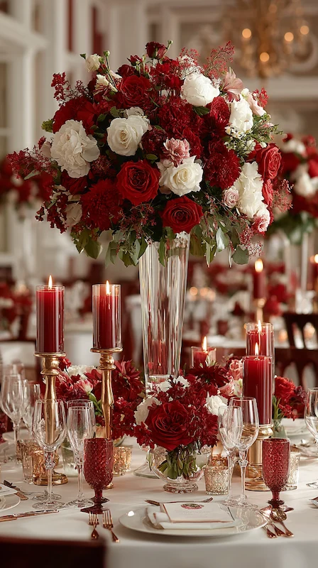 Elegant red and white wedding centerpiece with roses and candles on a formal table with gold accents and crystal glassware