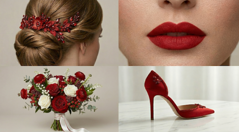 Wedding Decor 10 Red and white wedding details featuring bridal bun with red hairpiece, bold red lips, rose bouquet, and red high heel