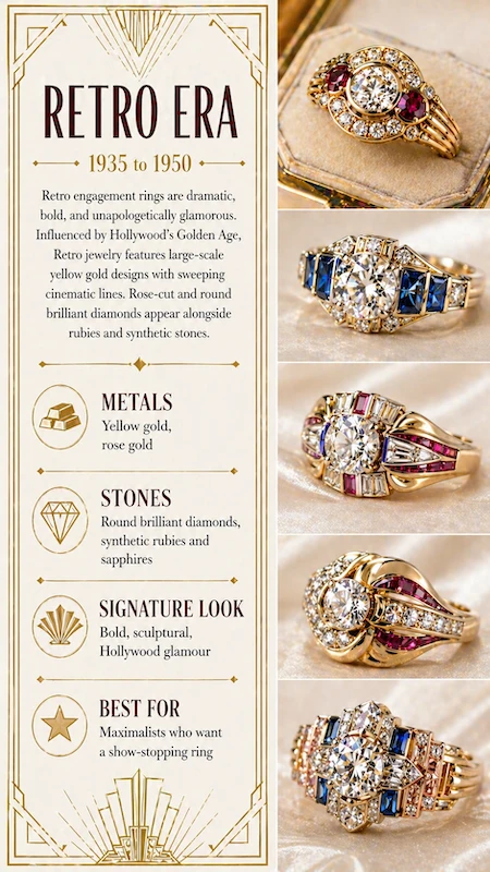 Antique and Vintage Engagement Rings: The Complete Buyer's Guide 9 Retro era engagement ring infographic with bold gold designs, round diamonds, rubies, sapphires and Hollywood glamour style