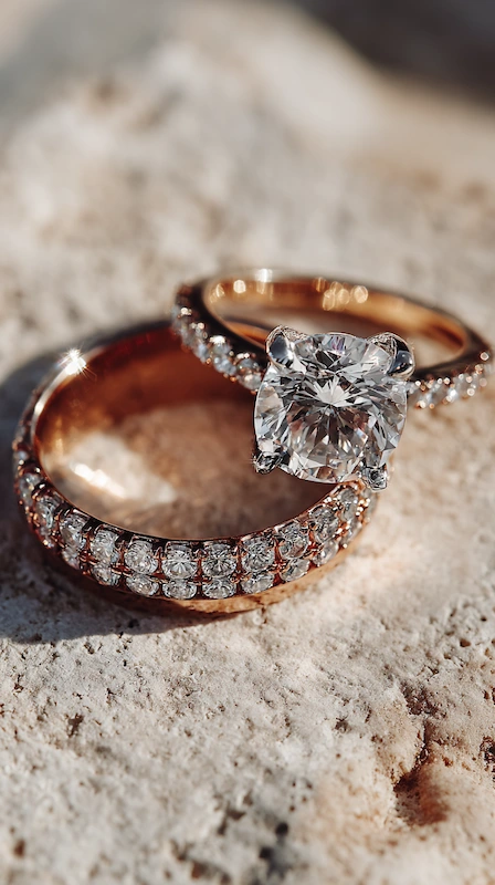 Rose gold diamond engagement ring with pavé band paired with matching wedding band set on textured stone surface
