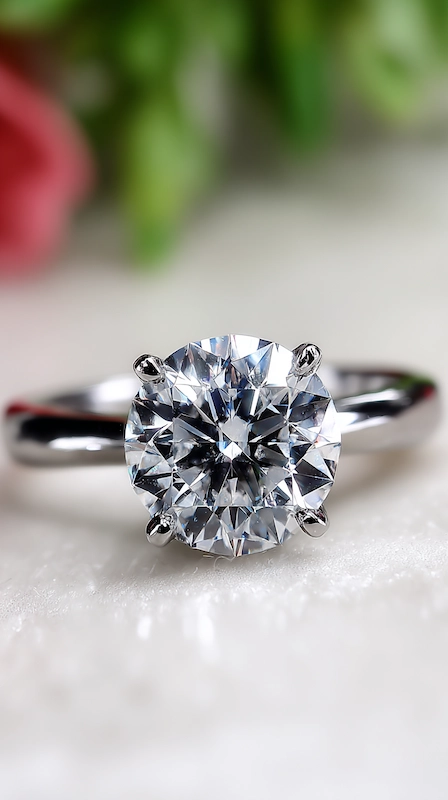 Round brilliant diamond engagement ring in a classic solitaire setting with polished band and soft blurred floral background