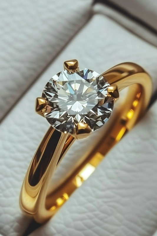Round diamond engagement ring in a polished gold setting displayed in a luxury ring box with soft neutral background lighting