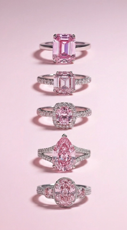 Stacked pink diamond engagement rings in emerald, cushion, pear, and oval cuts with pavé bands on a soft blush backdrop