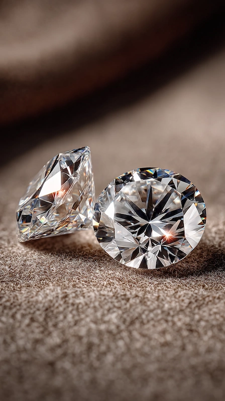 Two loose round brilliant diamonds resting on soft fabric with sparkling facets and warm natural light highlighting clarity