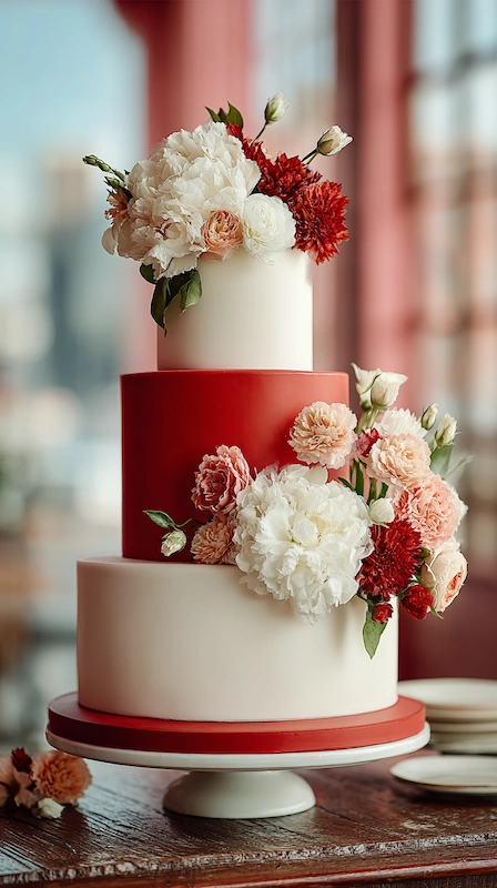 Two-tone wedding cake with white and red tiers, decorated with blush and white flowers, elegant modern reception dessert