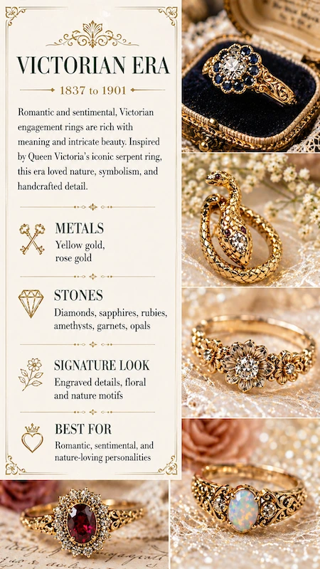 Antique and Vintage Engagement Rings: The Complete Buyer's Guide 5 Victorian era engagement ring infographic with floral designs, serpent motif, gold bands, diamonds, sapphires, and opals