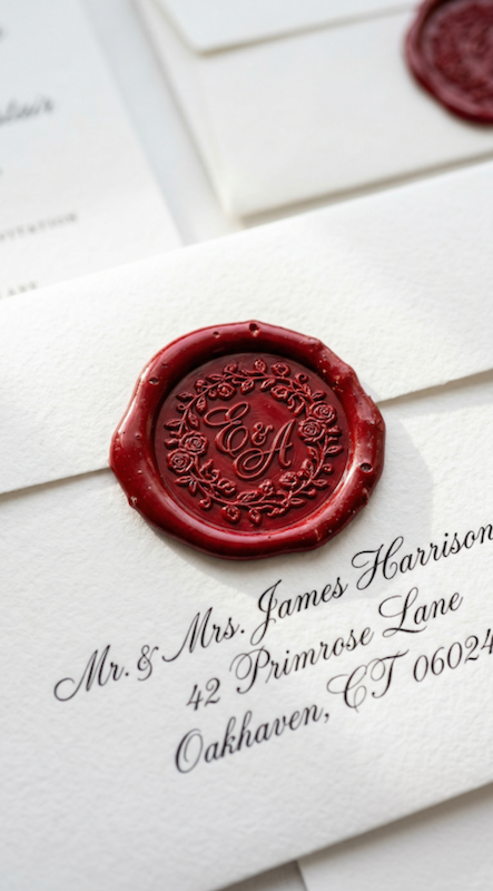 Close-up of wedding invitation envelope with red wax seal monogram and elegant calligraphy address on textured paper
