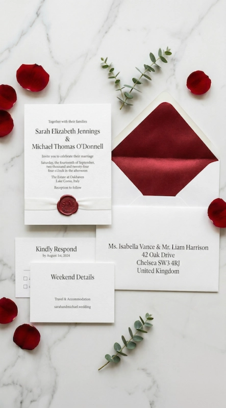 Elegant wedding invitation suite with red envelope liner, wax seal, and RSVP cards styled with rose petals on marble