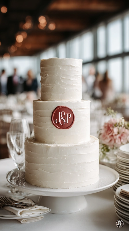 White buttercream wedding cake with red wax seal monogram detail, elegant three-tier cake on stand at reception table
