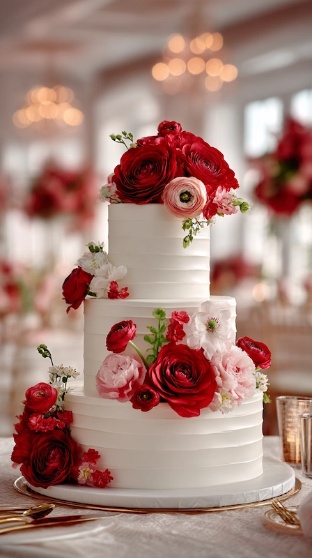 White tiered wedding cake with red and blush floral accents, elegant reception dessert display with romantic blooms