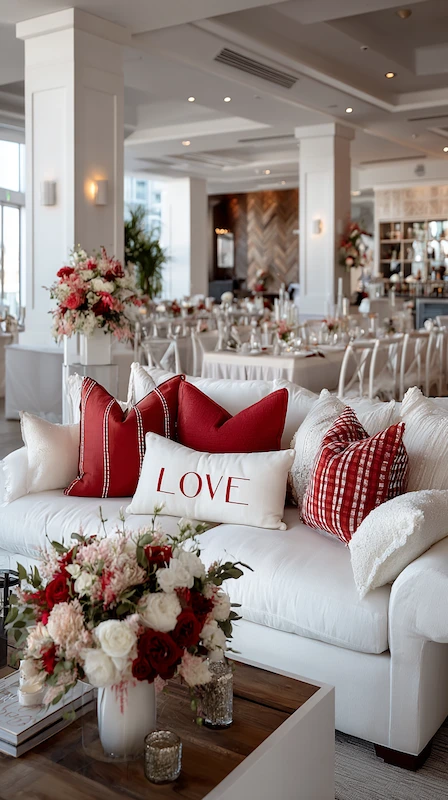 White wedding lounge with red pillows and floral arrangements, elegant reception space with soft seating and romantic decor