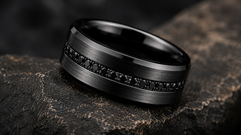 Engagement Rings 4 Brushed black wedding band with channel-set black diamonds resting on dark stone in a dramatic luxury close-up