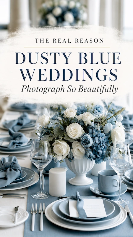 Dusty Blue Wedding Ideas: The Complete Color Palette Guide 5 Dusty blue wedding tablescape with blue hydrangeas, white roses, layered plates, and elegant editorial reception styling