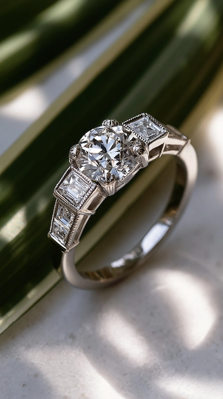Popular Engagement Rings That Will Still Turn Heads in 20 Years 8 Art Deco diamond engagement ring with round center and geometric side stones on marble, set against green leaf backdrop