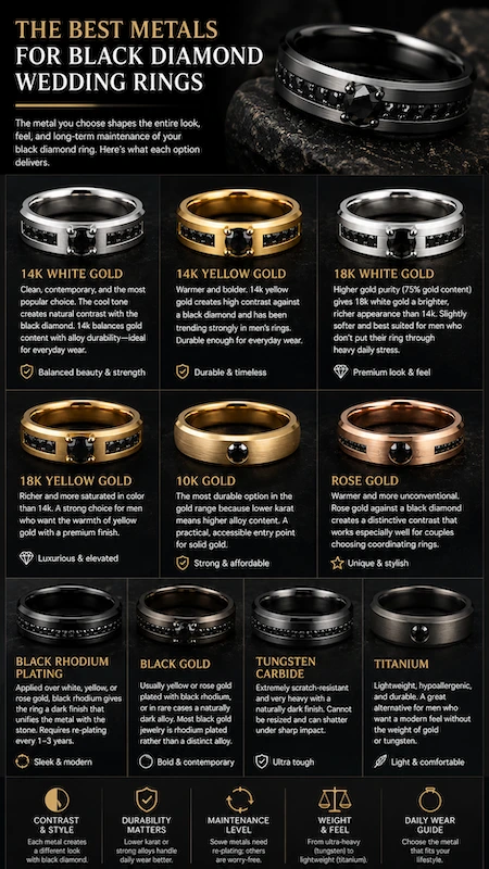 Black Diamond Wedding Rings for Men: Bold, Masculine, and Built to Last 10 Infographic comparing the best metals for black diamond wedding rings, including gold, titanium, and tungsten