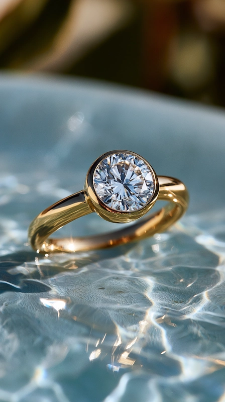 Popular Engagement Rings That Will Still Turn Heads in 20 Years 6 Bezel set round diamond engagement ring in yellow gold on water surface, sunlit reflections creating a modern, radiant look