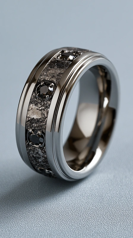 Black Diamond Wedding Rings for Men: Bold, Masculine, and Built to Last 8 Black diamond men’s wedding band with meteorite inlay and polished edges on a soft gray luxury backdrop scene