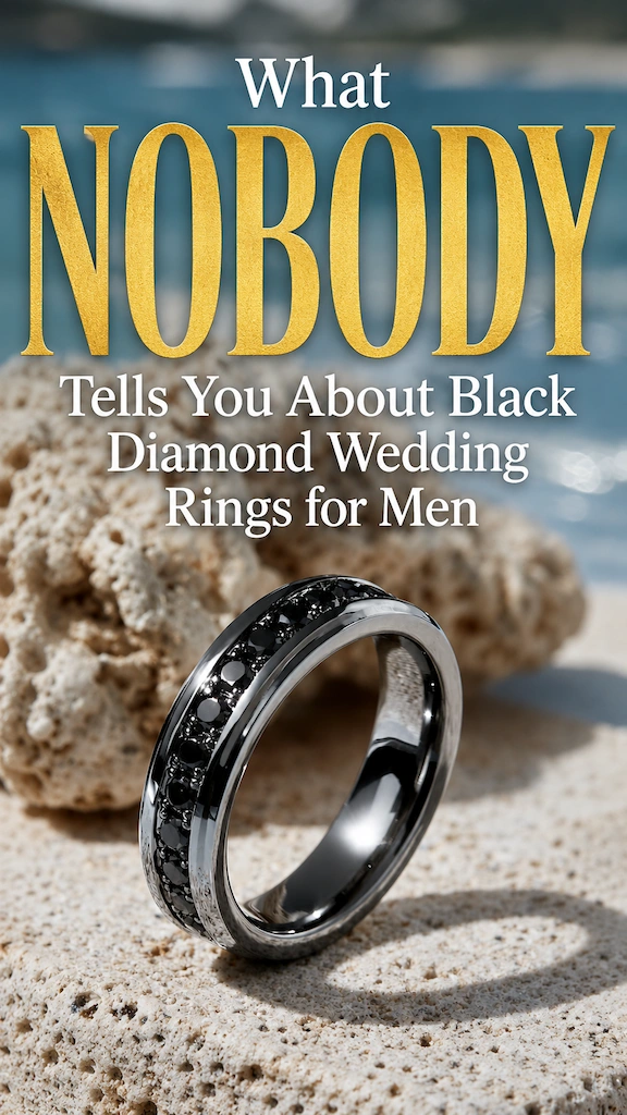 Black Diamond Wedding Rings for Men: Bold, Masculine, and Built to Last 11 Pinterest pin featuring black diamond wedding ring for men with bold editorial typography and luxury beach backdrop
