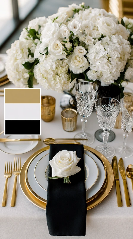Wedding color palettes: 25 combinations that actually work 5 Black, white, and gold wedding tablescape with ivory hydrangeas, crystal stemware, and elegant formal styling