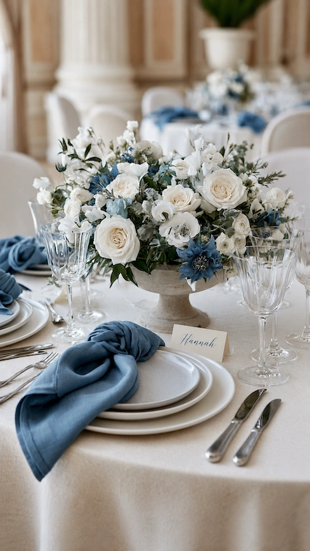 Dusty Blue Wedding Ideas: The Complete Color Palette Guide 17 Elegant blue and white wedding reception table with dusty blue napkins, white roses, and crystal glassware décor