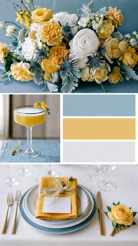 Wedding color palettes: 25 combinations that actually work 20 Blue and yellow wedding palette with ranunculus, gold flatware, pastel tablescape, and elegant cocktail styling