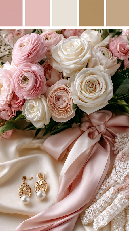 Wedding color palettes: 25 combinations that actually work 2 Blush pink and ivory wedding details with roses, satin ribbon, pearl earrings, lace gloves, and romantic styling