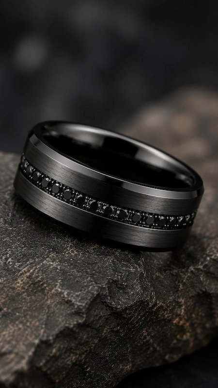 Black Diamond Wedding Rings for Men: Bold, Masculine, and Built to Last 9 Brushed black men’s wedding band with channel-set black diamonds on rugged stone in a dramatic luxury close-up