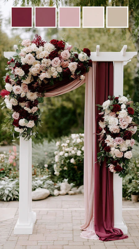 Wedding color palettes: 25 combinations that actually work 4 Burgundy and blush wedding ceremony arch with cascading florals, draped fabric, and romantic garden backdrop