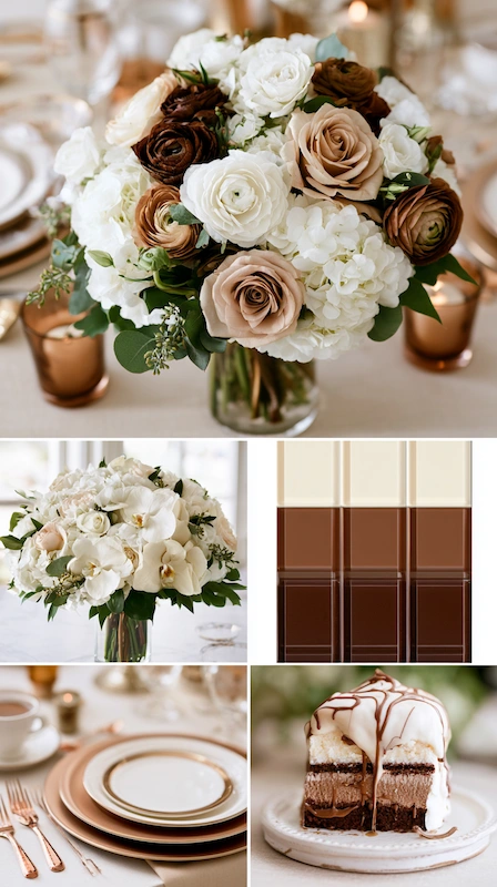 Wedding color palettes: 25 combinations that actually work 24 Chocolate brown and ivory wedding palette with caramel roses, layered cake, rose gold accents, and elegant florals
