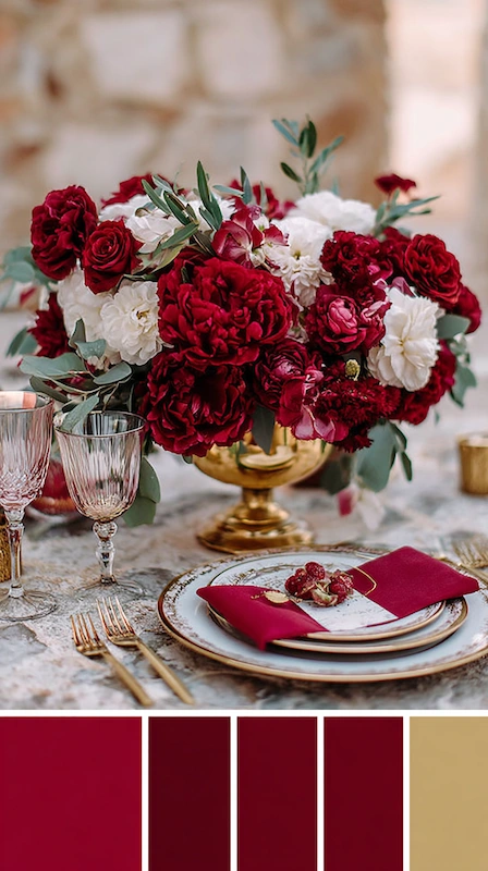 Wedding color palettes: 25 combinations that actually work 12 Deep red and ivory wedding tablescape with lush florals, gold accents, crystal glassware, and romantic styling