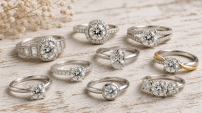 Engagement Rings 17 Assorted diamond engagement rings on whitewashed wood table, close-up editorial display with soft light and rustic texture